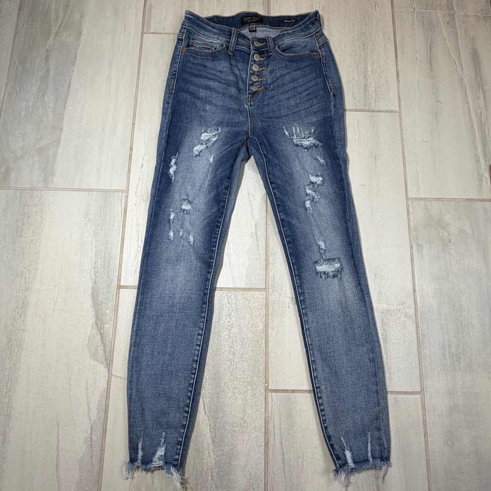 Judy Blue High Waist Distressed Skinny Jeans Button Fly Raw Hem JB82263MD 3/26